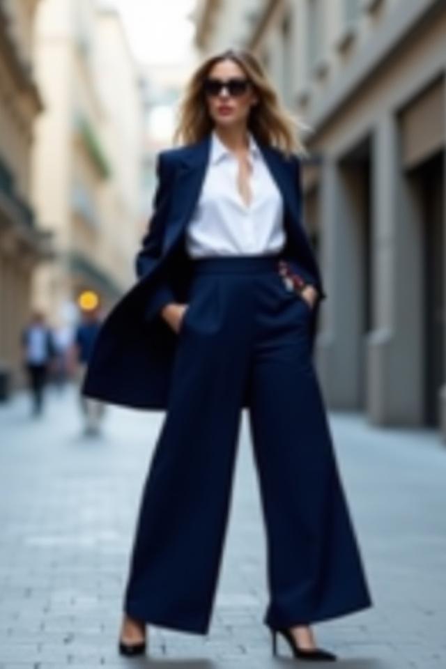 Modèle femme en tailleur pantalon bleu marine sur mesure, veste déstructurée et pantalon fluide, allure chic
