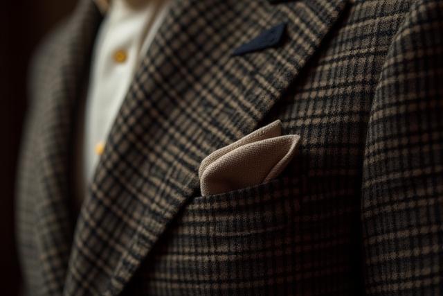 Détail d'un tissu à motifs discrets, comme un pied-de-poule ou Prince de Galles, sur une veste de costume